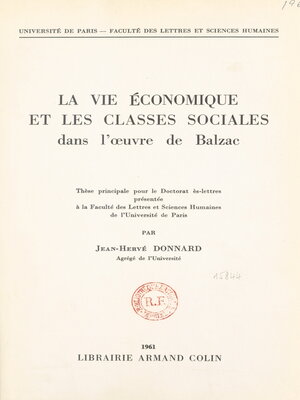 cover image of La vie économique et les classes sociales dans l'œuvre de Balzac